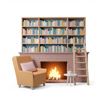 A cozy home library with a large wall filled with numerous books in various colors and sizes. A wooden ladder leans against the wall, providing access to the upper shelves. In front of the wall of books, there is a plush, comfortable armchair upholstered in a warm fabric, positioned near a glowing fireplace. The fireplace is made of brick, with gentle flames flickering, casting a soft light across the room. A small side table next to the armchair holds a steaming cup of tea and a pair of reading glasses. The ambiance of the room reflects warmth and tranquility, perfect for curling up with a book.
