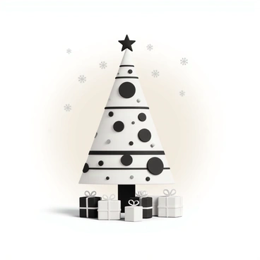 A Christmas tree with a triangular shape is prominently displayed in the center. The tree is adorned with various geometric patterns, such as circles, squares, and lines, in contrasting black and white colors. The base of the tree is decorated with simple, small gifts wrapped in plain paper. The background is a soft, neutral color, allowing the black-and-white design of the tree to stand out. Some snowflakes in various sizes are subtly scattered around the top of the tree, adding a seasonal touch.
