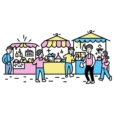 A lively market scene filled with a variety of colorful stalls. Each stall is adorned with bright canopies showcasing an array of goods. A vendor with an apron is standing behind a stall decorated with fruits and vegetables, while another vendor is selling handmade crafts at a stall filled with colorful trinkets. Shoppers are leisurely browsing, some holding bags filled with purchases. The ground is paved with cobblestones, and in the background, a mural adds to the vibrant atmosphere of the market.