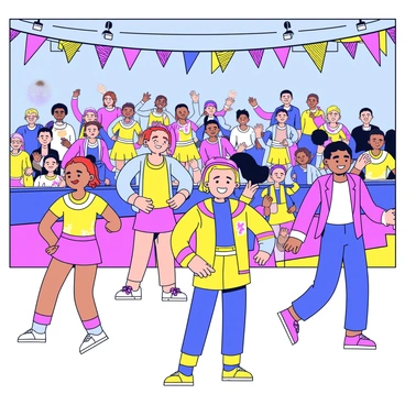 A group of cheerleaders performing their routines in an arena filled with bright colors. Each cheerleader wears a unique uniform, incorporating bold patterns and contrasting colors. Their hair is styled in high ponytails and they are smiling, showcasing enthusiasm. The background features an audience that is clapping and cheering, with colorful banners hanging from the stands. The arena lights shine down, highlighting the action on the floor.