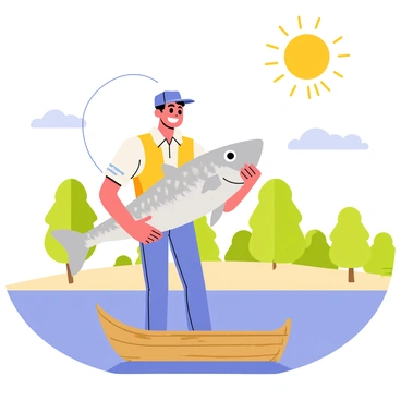 A happy fisherman with a broad smile, wearing a blue cap and a yellow vest, is holding a large barramundi fish in his hands. The barramundi has shiny silver scales and a robust shape, glistening in the bright sunlight. The fisherman stands on a small wooden boat gently bobbing on calm waters. The sky above is clear with a few fluffy white clouds, and the sun is shining brightly, casting warm light over the scene. In the background, green trees line the shore, adding a touch of nature to the sunny day.
