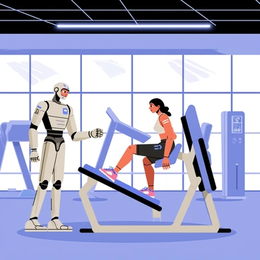 A futuristic gym with sleek, metallic walls and large glass windows. In the center, there is a modern leg press machine with an ergonomic design, featuring blue accents. A humanoid robot, with a shiny silver exterior and glowing blue lights, stands beside the machine, assisting a person. The person, wearing a high-tech fitness outfit, is seated in the leg press, pushing the platform with determination. Various advanced exercise equipment is visible in the background, with digital screens displaying workout data. Bright overhead lights illuminate the gym, creating a high-energy atmosphere.