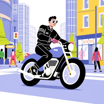 A motorcycle rider wearing reflective glasses is navigating through a busy city street. The rider is dressed in a black leather jacket with white stripes and matching gloves. The motorcycle is sleek and shiny, with chrome accents glinting in the sunlight. Surrounding the rider, there are tall buildings with large glass windows and colorful storefronts. Pedestrians are walking along the sidewalks, and a few cars are parked nearby. Vibrant traffic lights and street signs add to the lively atmosphere of the bustling city.