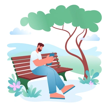 A person is sitting on a park bench, holding a sketchpad and a pencil, focused on drawing. The individual is dressed in a comfortable outfit, with short sleeves and relaxed pants. The park bench is made of wood, with a classic design. Surrounding the bench are lush green trees, their leaves forming a thick canopy above. In the background, a gentle landscape unfolds, featuring rolling hills and a mix of colorful wildflowers. The scene captures a peaceful ambiance, with a few fluffy clouds floating in a clear blue sky.