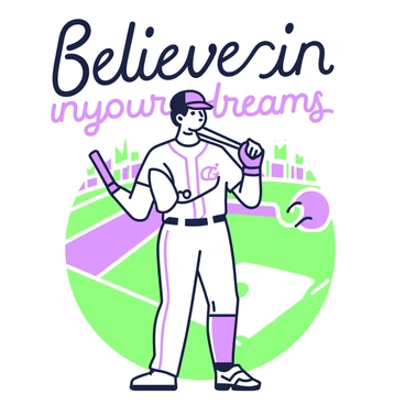 A baseball player is standing in a dynamic pose, holding a bat over his shoulder. He is wearing a baseball uniform with a cap, and his expression is focused and determined. Behind him, a baseball diamond is visible, with a soft background of a stadium and cheering fans. Above him, the words "Believe in your dreams" are written in large, bold letters, emphasizing the motivational theme. The scene captures the energy and spirit of the game, highlighting the player's dedication and passion for baseball.