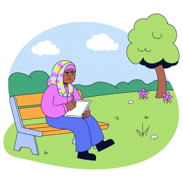 A girl wearing a colorful hijab is sitting on a simple wooden park bench. She holds a sketchbook on her lap and is using a pencil to draw the landscape in front of her. The girl's expression shows concentration as she looks at the trees and the distant hills. The surrounding park features green grass and a few flowers scattered nearby. Sunlight filters through the leaves of the trees, creating soft shadows on the ground.