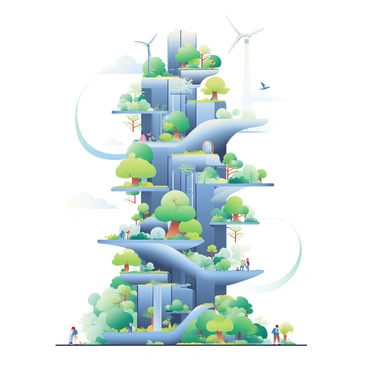 A massive arcology complex towers in the center of the image, showcasing its sleek, futuristic architecture. The structure features multiple levels, with terraced gardens and vertical forests cascading down its sides. Integrated ecosystems are visible, with vibrant green plants and trees thriving on each balcony and ledge. Solar panels gleam on the rooftops, while wind turbines spin gently in the background. People can be seen walking along the pathways that wind through the complex, surrounded by small ponds and lush greenery. Birds are flying above, contributing to the harmony of nature and technology in this innovative urban environment.