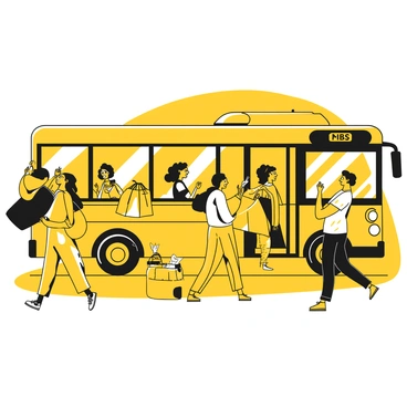 A group of shoppers is boarding a public bus. Some shoppers are carrying multiple bags filled with purchases, showcasing various shapes and sizes. The bus is parked at a bus stop, with an open door inviting the passengers inside. The shoppers, consisting of diverse individuals, are wearing casual clothing, including t-shirts, jeans, and comfortable shoes. A few shoppers are chatting excitedly among themselves while others are focused on getting their bags organized. The scene conveys the bustling atmosphere following a trip to the mall.