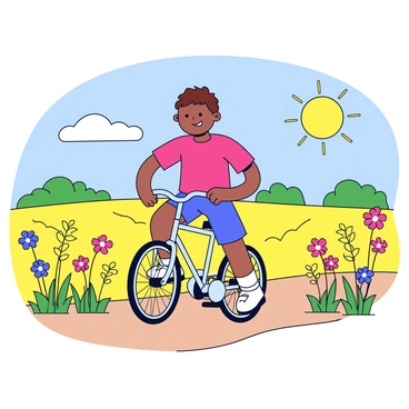A young boy is riding a bicycle across a vast countryside landscape. He has short brown hair and is wearing a bright red t-shirt and blue shorts. Surrounding him are fields of wildflowers in various colors, including yellow, purple, and pink. The sun is shining brightly in the clear blue sky, casting soft shadows on the ground. The boy smiles as he pedals along a dirt path that runs through the vibrant flowers.