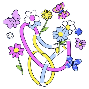 A collection of colorful jump ropes intertwined with various flowers. The flowers include daisies, sunflowers, and roses, each exhibiting vibrant hues. Among the flowers are several butterflies, featuring intricate patterns and bright colors, fluttering around the jump ropes. The entire composition creates a playful and whimsical appearance.