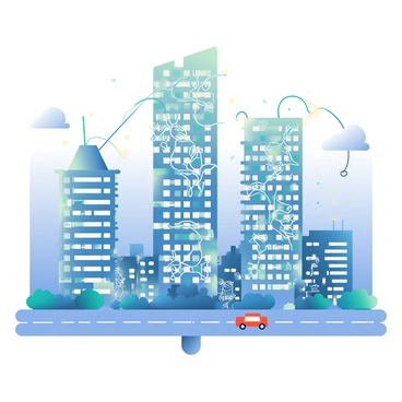 A cityscape where buildings are formed by interconnected neurons