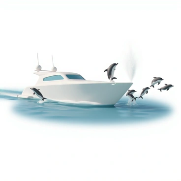 A sleek white yacht is cruising through the clear blue ocean waters, leaving a gentle wake behind. Several dolphins are playfully swimming alongside the yacht, leaping out of the water with their bodies glistening in the sunlight. One dolphin is diving beneath the surface while another is splashing water as it jumps high into the air. The scene captures the vibrant movement and energy of the dolphins as they interact with the yacht, creating a lively and joyful atmosphere.