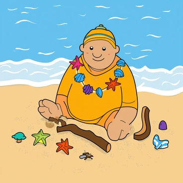 A detailed onathappan figure, adorned with vibrant beach-themed decorations such as small seashells, colorful starfish, and miniature beach umbrellas. The figure is placed on a sandy surface, with gentle waves of surf visible in the background. The sand is textured with fine grains, and the blue ocean stretches out, reflecting sunlight. Small pieces of driftwood and a few beach toys are scattered around the base of the figure, enhancing the beach scene.