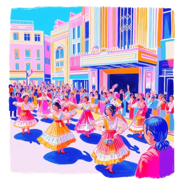 A vibrant cultural parade is taking place in front of a grand Art Deco theater. Colorful dancers dressed in elaborate traditional costumes are performing. The dancers have feathered headdresses, detailed embroidery on their outfits, and intricate jewelry. The theater's facade showcases geometric patterns and bold colors typical of Art Deco design. Spectators are watching the parade with expressions of joy and excitement. The scene is filled with lively banners and musical instruments such as drums and flutes that add to the festive atmosphere.