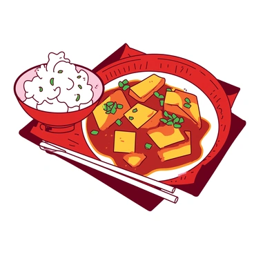 A red decorative plate holds a generous serving of mapo tofu, featuring soft, spicy tofu pieces in a rich sauce. The dish is garnished with finely chopped green onions scattered on top, adding a pop of color. Beside the plate, there is a small white bowl filled with fluffy, steaming white rice. The rice is served with a pair of white chopsticks resting on the edge of the bowl, creating an inviting scene.