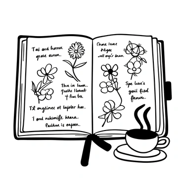 An open journal lies on a wooden table, showcasing intricate sketches of various flowers on its pages. Handwritten notes in elegant cursive accompany the sketches, providing insights about each flower. Beside the journal, there is a steaming cup of tea, with delicate steam swirling upward. A saucer sits underneath the cup, and a small teaspoon rests beside it. The scene is arranged with a cozy, inviting atmosphere, emphasizing the beauty of creativity and relaxation.