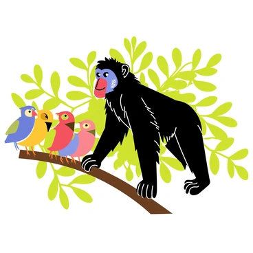 A mandrill with a vibrant blue and red face is sitting on a thick branch. The mandrill has a lush, dark fur coat and a strong posture, observing its surroundings with keen interest. Nearby, a group of colorful birds is perched on the branch, showcasing their bright plumage. One bird is a bright yellow, another is a vivid red, and a third is a striking blue, all of them displaying intricate feather patterns. The background is filled with lush green leaves, adding to the lively atmosphere of the scene.