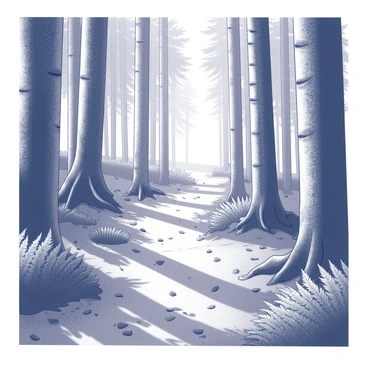 A forest pathway meanders through tall trees with thick trunks. Light filters through the foliage, creating patterns on the ground. The pathway is lined with leaves scattered on the rich soil. The trees have a variety of textures, with some having rough bark and others smoother. Ferns and small plants are visible along the edges of the pathway, adding to the natural ambiance. The space feels inviting and open, leading further into the dense woods.