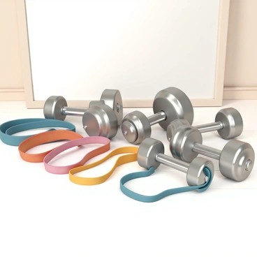 An assortment of exercise equipment arranged on a clean, wooden gym floor. There are several pairs of dumbbells in varying weights, each with a sleek, polished metal finish. Next to the dumbbells, there are vibrant resistance bands of different lengths, color-coded for resistance levels. Each band is neatly coiled, showcasing its elasticity. The background features a large mirror reflecting the equipment, creating a sense of depth in the image.