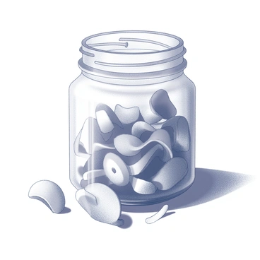 A small glass jar sits on a flat surface, filled to the brim with pencil shavings. The shavings are various shapes and sizes, spiraling and curling in intricate patterns. The jar reflects light slightly, showcasing the textures of the wood shavings inside. The surrounding area is simple and uncluttered, emphasizing the jar as the focal point of the image.