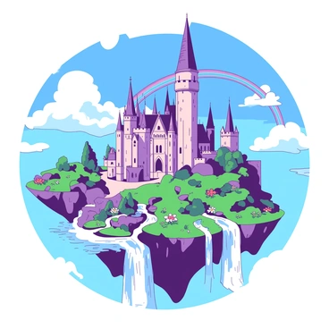 A large, majestic castle with towering spires is set against a backdrop of floating islands. The castle is made of shimmering stone with intricate carvings adorning its exterior. Cascading waterfalls pour from the edges of the floating islands, creating a mist that glistens in the sunlight. Lush greenery covers the islands, with vibrant flowers blooming in various colors. Above, the sky is a deep blue, dotted with fluffy white clouds, and a faint rainbow arcs through the scene, enhancing the magical atmosphere.