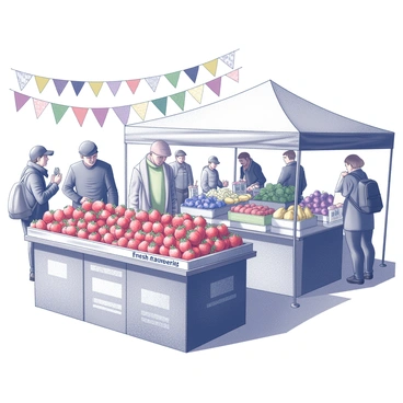 A vibrant farmer's market filled with people exploring various stalls. In the center, there is a stall overflowing with "fresh strawberries," their plump, juicy forms creating an enticing display. The stall is surrounded by baskets of other fruits and vegetables, some vendors engaging with customers, while others are busy arranging their goods. In the background, shoppers carry bags filled with produce, and colorful banners hang above, creating a lively atmosphere. Sunlight casts soft shadows on the ground, enhancing the dynamic scene.