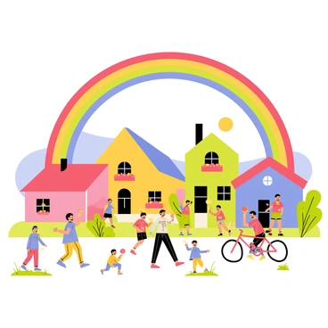A "smiling rainbow" arches over a "quaint village" composed of "colorful houses" in various shades. The houses have distinct features like "chimneys" and "flower boxes" filled with "vibrant flowers." In the foreground, "happy children" of different ages are playing outside. Some are playing "tag," while others are "flying kites" and "riding bicycles." The scene is filled with "green grass" and a "clear blue sky," enhancing the cheerful atmosphere of the village.