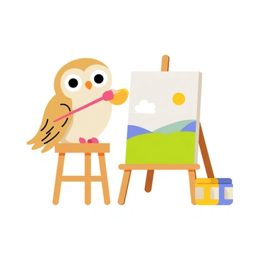 A baby owl with large, round, expressive eyes is perched on a wooden stool. The owl is holding a bright red paintbrush in its tiny talons. In front of the owl, there is a blank white canvas propped up on an easel. The canvas features vibrant splashes of color, depicting a rolling green meadow, a bright blue sky, and fluffy white clouds. Surrounding the owl are jars of paint in various colors, including yellow, blue, and green. The scene is lively, emphasizing the owl's concentration as it focuses on its artwork.