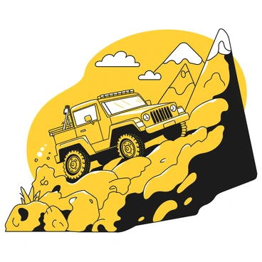 A rugged off-road truck with large, knobby tires is navigating a steep mountain trail. The truck is covered in dirt and mud, showcasing its adventurous spirit. In the background, towering mountains loom, with craggy rocks and sparse vegetation lining the path. Dust is kicked up behind the tires as the truck climbs over a rocky incline. The sky above is clear and bright, enhancing the sense of an open and challenging terrain.