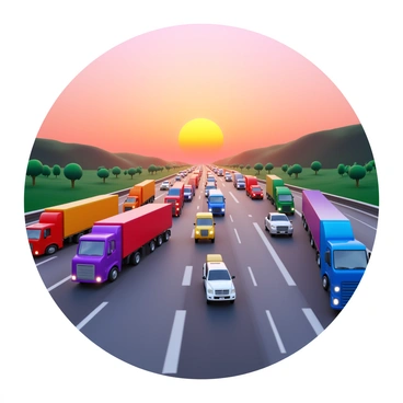 A convoy of cargo trucks driving in a line along a busy highway. The trucks have various colors, with some featuring company logos and branding. The sun is setting in the background, casting warm orange and pink hues across the sky. The highway is filled with other vehicles, including cars and motorcycles, creating a sense of movement and activity. The road stretches into the distance with hills and trees lining the sides.