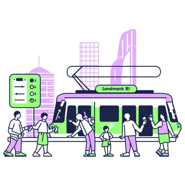 A busy tram station with people standing on the platform. Trams are arriving and departing, with some passengers boarding and others disembarking. In the background, "Landmark 81" is visible towering above the station, a modern skyscraper with a distinct shape. The platform is filled with a variety of commuters, including a man reading a newspaper, a woman with a backpack checking her phone, and a child holding a toy. A green and purple timetable board is mounted on the wall, displaying the tram schedules.