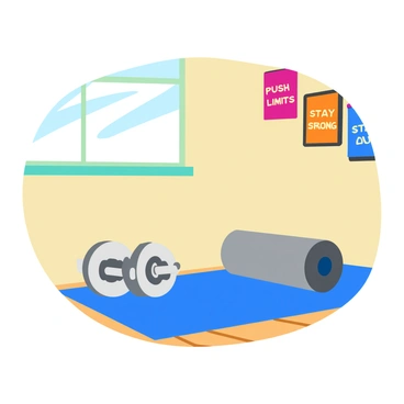 A cozy home gym setup featuring a pair of shiny silver dumbbells resting on a light wooden floor. Beside the dumbbells, there is a bright blue exercise mat rolled out, contrasting with the warm tones of the floor. The walls are adorned with colorful motivational posters that read phrases like "Push Your Limits" and "Stay Strong," all framed in simple black frames. Soft, natural light streams in through a nearby window, illuminating the space and creating a welcoming atmosphere.