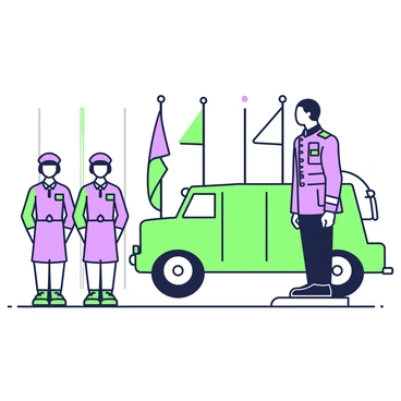 A man is standing on a raised platform, reviewing a military parade. He has a short hair and is wearing a formal military uniform adorned with various insignia. In front of him, a group of soldiers is standing in precise formation, wearing matching uniforms. The soldiers are standing tall and composed, with their heads held high and their boots polished. Behind the soldiers, a military vehicle is parked, and a row of flags are displayed on tall poles. The atmosphere is focused and disciplined, highlighting the importance of the event.