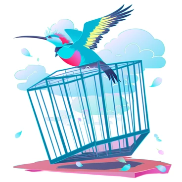 A colorful bird with vibrant feathers, including shades of blue, yellow, and red, is soaring out of an open, intricately designed metal cage. The cage is positioned on a wooden surface, surrounded by scattered colorful feathers. The bird is in mid-flight, wings fully extended, showcasing its graceful movement as it ascends into a clear blue sky filled with soft, white clouds. Sunlight beams are illuminating the scene, highlighting the contrast between the confined space of the cage and the vastness of the sky beyond. The image captures the essence of liberation and the triumph over obstacles.