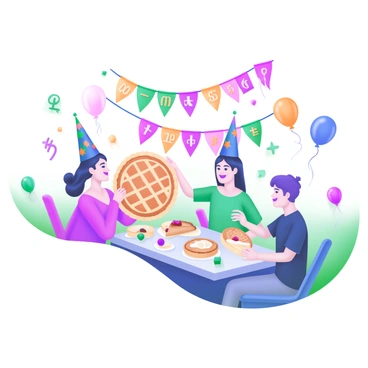 A festive scene featuring a group of people celebrating "Pi Day." One person is holding a large, round pie with a lattice crust, while others are seated at a table adorned with various math-themed decorations, such as pi symbols, numerical designs, and colorful balloons. There are several different types of pies displayed on the table, including fruit and cream varieties. The background is filled with banners that have the words "Happy Pi Day" in bright colors. Some guests are wearing party hats decorated with mathematical symbols, and a cheerful atmosphere is evident as they enjoy the celebration.