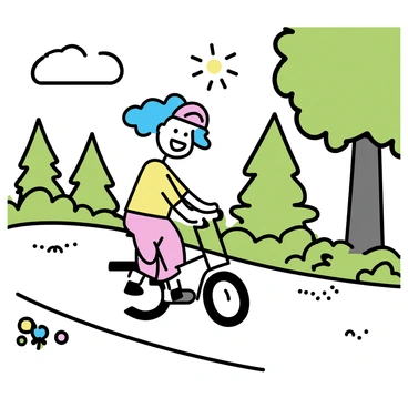 A cartoon character with a big smile is cycling on a winding trail. The character has bright blue hair and is wearing a red helmet. Surrounding the trail, there are tall trees with green foliage, creating a dense forest backdrop. Sunlight filters through the leaves, casting playful shadows on the ground. The trail is curvy, with patches of dirt and small rocks visible along the edges. In the distance, a few colorful flowers are blooming near the trail.