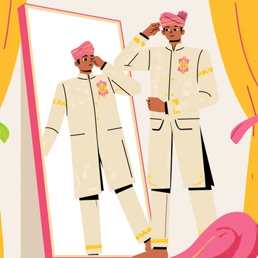 A groom standing in front of a large, ornate mirror, adjusting his intricately designed turban. He is wearing a sparkling shervani embellished with gold patterns. His expression is focused and proud as he carefully aligns the turban on his head, ensuring it looks perfect. The background features a lavish room with decorative elements, such as rich fabrics and ornate decor, enhancing the celebratory atmosphere. The mirror reflects his figure, showcasing the details of his attire.