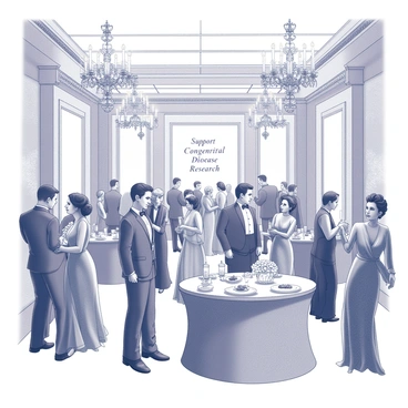 A spacious hall adorned with elegant decorations, featuring intricate chandeliers and softly glowing candlelight. Guests are dressed elegantly, wearing formal attire, with men in tuxedos and women in long evening gowns. Some guests are engaged in conversation while others are enjoying hors d'oeuvres and drinks. Tables are set with fine china and beautifully arranged floral centerpieces. A banner in the background reads "Support Congenital Heart Disease Research" in elegant lettering. The atmosphere is lively, with a sense of purpose among the attendees.