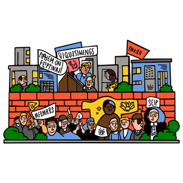 A vibrant mural on a city wall showcases a collection of historical political events. The mural features a series of dynamic scenes, including a crowd of people rallying with banners, a significant speech being delivered on a podium, and a representation of famous leaders throughout history. Each scene is filled with a variety of colors, with bold reds, blues, and yellows creating an energetic atmosphere. The wall itself is textured with bricks, and the surrounding area includes elements like urban scenery and greenery framing the mural.