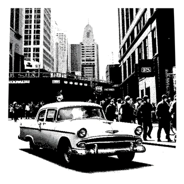 A classic 1950s car with smooth curves and chrome accents is parked near a bustling subway station. The car's headlights are round and prominent, and its fins extend elegantly at the back. A variety of people are seen around the subway station, some rushing to catch their trains, while others are waiting on the platform. The scene is lively with tall buildings in the background, displaying a mix of vintage and modern architecture. Pedestrians are dressed in mid-century fashion, adding to the historical context of the image. The subway entrance is adorned with signage and a few advertisements, showcasing the vibrancy of city life.