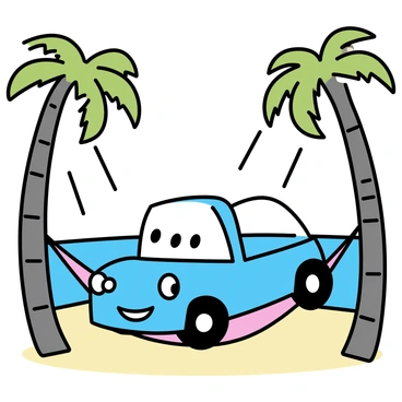 A cartoon car with a bright blue exterior and large, friendly eyes is lying on a colorful hammock. The hammock is strung between two tall palm trees with green fronds swaying gently in the breeze. In the background, there are soft, sandy beaches and a clear, turquoise ocean. Sunlight streams down, casting gentle shadows on the ground. The car appears content, with cartoonish facial features hinting at relaxation and enjoyment. The palm trees, with their curved trunks, frame the scene, enhancing the tropical atmosphere.