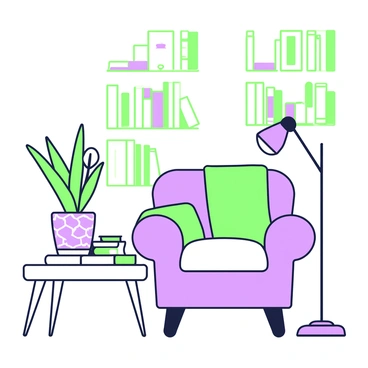 A cozy reading nook is nestled in a corner of a room. A comfortable armchair with a soft cushion is positioned beside a small side table. On the table, there is a peace lily in a decorative pot, its leaves extending outward. A stack of books in various sizes rests next to the plant, with colorful spines visible. A warm blanket is draped over the arm of the chair. A small lamp stands beside the armchair, casting a gentle light. The nook is surrounded by shelves filled with more books, creating an inviting atmosphere.