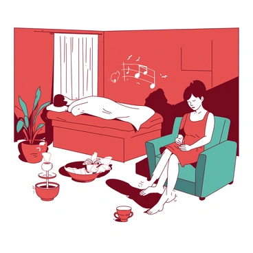 A red room filled with soft white lighting creates a calming atmosphere. In one corner, a person lies on a massage table with a white towel draped over their body, while a therapist gently performs a massage. Another person relaxes in a teal armchair, sipping herbal tea from a white cup. Potted plants in the background add a touch of greenery, and soft, soothing music notes float in the air. A small fountain in the corner quietly trickles water, enhancing the tranquil surroundings.