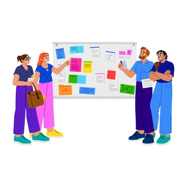 A group of four designers is gathered around a large presentation board filled with colorful design elements. One designer, a woman with short brown hair and glasses, is pointing at a vibrant graphic while explaining her thoughts. Another designer, a man with a beard wearing a blue shirt, is taking notes on a notepad. A third designer, a woman with long red hair, is looking thoughtfully at the board with her arms crossed. The fourth designer, a man with curly hair, is leaning in with an engaged expression. Various sketches, color palettes, and typography samples are pinned to the board, creating a lively atmosphere of collaboration and feedback.