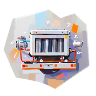 A detailed technical illustration of a truck's radiator and cooling system. The radiator is prominently displayed, showcasing its various components such as the inlet and outlet tanks, the core, and mounting brackets. Surrounding the radiator are pipes illustrating the flow of coolant, including a water pump and a thermostat, demonstrating their connections to the engine. The cooling fan is also depicted, positioned behind the radiator. Each component is labeled clearly with arrows indicating the direction of coolant flow, providing a comprehensive view of how the cooling system functions in the truck.