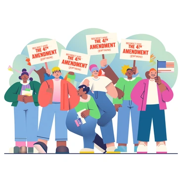 A diverse group of people is gathered in a public space, holding various signs that prominently display the message "Respect the 4th Amendment." There are individuals of different ages and ethnic backgrounds, some wearing casual clothing such as jeans and t-shirts, while others are dressed in business attire. The expressions on their faces reflect determination and unity. In the background, there are trees and a blue sky, adding a vibrant atmosphere to the scene. A few people are waving flags, while others are raising their signs high above their heads, creating a visually striking display of solidarity.