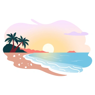 A beach in Langkawi is depicted with soft, gradient pastel colors in the sky, showcasing vibrant shades of orange as the sun sets. Gentle waves lap against the shoreline, reflecting the warm hues of the sky. Silhouettes of palm trees are visible along the beach, their fronds swaying slightly in the breeze. Small seashells and pebbles are scattered on the sandy beach, adding texture to the scene. In the distance, the outline of distant islands can be seen against the glowing horizon.