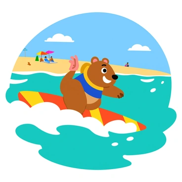 A cute wombat wearing a colorful surfboard, riding a wave at a sunny beach. The sky is bright blue with a few fluffy white clouds scattered above. The ocean is a vibrant shade of turquoise, with foamy white waves crashing around the surfboard. Sunlight sparkles on the water’s surface. The sandy beach in the background is dotted with colorful umbrellas and beachgoers enjoying the sun. The wombat appears focused and excited, balancing joyfully on the surfboard as it catches the wave.