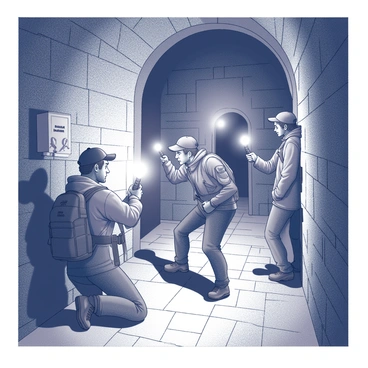 A group of adventurers navigating through the dark, winding catacombs beneath Paris. The scene captures the explorers equipped with flashlights, illuminating ancient stone walls lined with skulls and bones. The adventurers are dressed in rugged outdoor gear, with one person kneeling to examine a carved inscription on the wall, while another shines their light down a narrow passage. Shadows flicker around them, creating an atmosphere of intrigue and discovery as they delve deeper into the underground maze.
