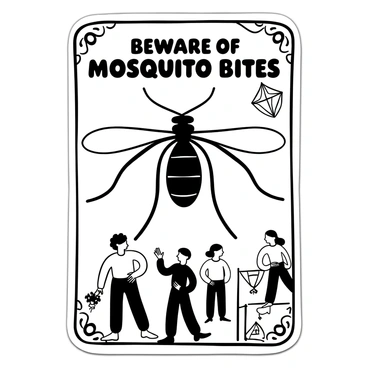 A vintage-style public health poster featuring a large mosquito in the center, surrounded by bold text that reads "Beware of Mosquito Bites" at the top. Below the mosquito, there are illustrations of people outdoors, some wearing long sleeves and using insect repellent. There is a small drawing of a mosquito net hanging over a bed in one corner. Decorative borders frame the poster, enhancing the vintage aesthetic.